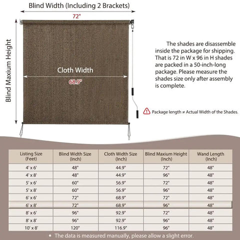 Outdoor Cordless Roller Sun Shade 6 Foot Wide By 8 Foot High Mocha For Patio Porch Pergola Balcony Backyard Privacy With 90 Percent UV Protection Windproof And Rainproof Shade Cloth, shown with size specifications