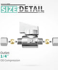 Minimprover 2-pack brass 1/4 inch compression angle valve exploded view with chrome finish and quarter-turn shutoff.