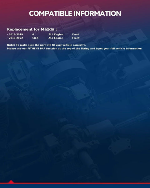 Text displaying compatibility information for Mazda 6 (2014-2019) and Mazda CX-5 (2013-2022) front wheel hub bearings.