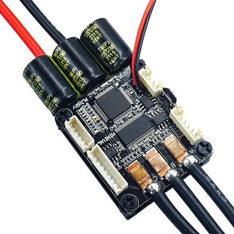 Close-up of Electric Skateboard Speed Controller FSESC67 70A with Aluminum Anodized Heat Sink Four Control Modes and wiring detail.