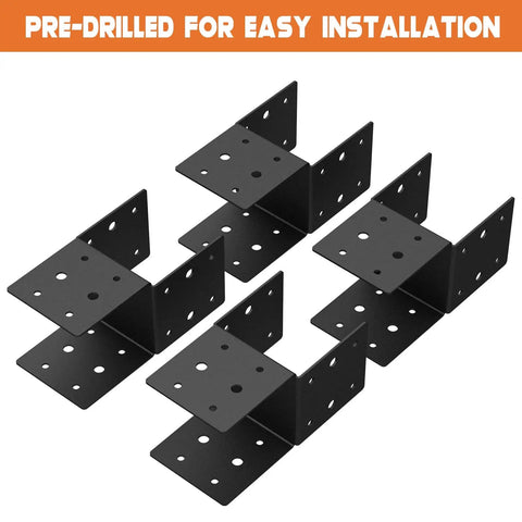 Heavy Duty 4x4 Post Bracket Kit For Wood Decks, 4 Pack With 14 Gauge Steel Base shown in black pre-drilled design
