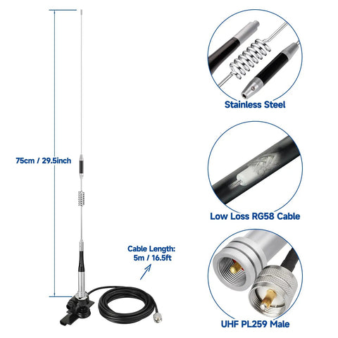 Vehicle Mobile Ham Radio Antenna For VHF UHF 136-174MHz And 400-470MHz With Lip Mount Bracket PL259 Male 5m Cable