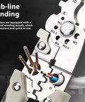 Close-up of Rugged Stainless Steel Wire Stripper And Cable Cutter Pliers Quick Release Jaw Multitool, featuring sub-line winding mechanism.