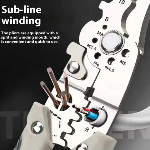Close-up of Rugged Stainless Steel Wire Stripper And Cable Cutter Pliers Quick Release Jaw Multitool, featuring sub-line winding mechanism.