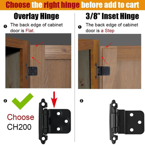 Comparison of half inch overlay and 3/8 inch inset cabinet door hinges in matte black with choice indicator for CH200 model.