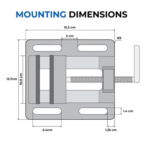 Mounting dimensions of 3 Inch Heavy Duty Drill Press Vise Portable Bench Clamp with slotted base and serrated steel jaws.