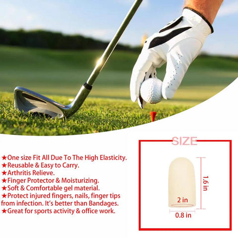 Soft Gel Finger Cots 14 Pack Finger Protector Sleeves for Trigger Finger Hand Eczema Arthritis Relief shown with golf club.