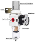 Close-up of One Quarter Inch NPT Air Filter Regulator Combo with piggyback 5 micron brass filter element, poly bowl, and metal gauge.