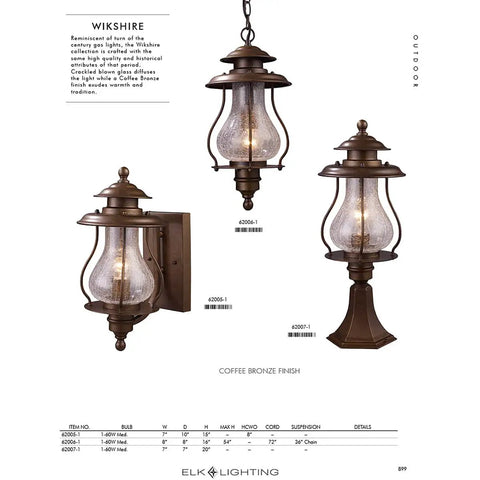 Wikshire 8 Inch Wide 1 Light Outdoor Pendant In Coffee Bronze With Cast Aluminum Construction And Clear Crackle Glass Vintage Gas Lantern Style Fixture For Porches And Patios Durable Weatherproof Exterior Light shown with variations.