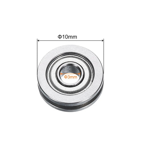 Top Shelf U Groove Track Guide Bearings In A Four Piece Set Featuring Tough As Nails GCr15 Chrome Steel Rollers Built For A Smooth Roll And Heavy Duty Cnc Projects, showing dimensions, 3mm ID, 10mm OD.