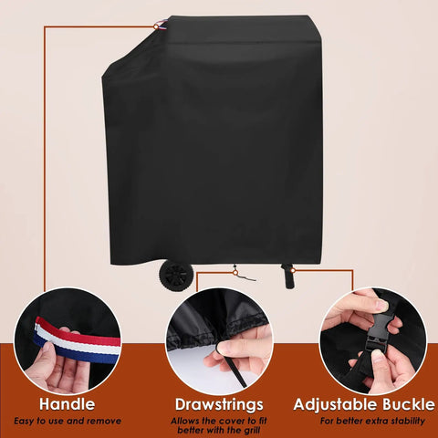 Custom Fit 35 Inch Grill Cover For DNKMOR Barrel Charcoal Grill With Side Table showing handle, drawstrings, adjustable buckle