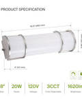 18 Inch Vanity Light Bar Flush Mount For Bathrooms, Dimmable, 3 CCT Colors 3000K To 5000K, Energy Star, ETL Listed, 20 Watt, Nickel, Diagram
