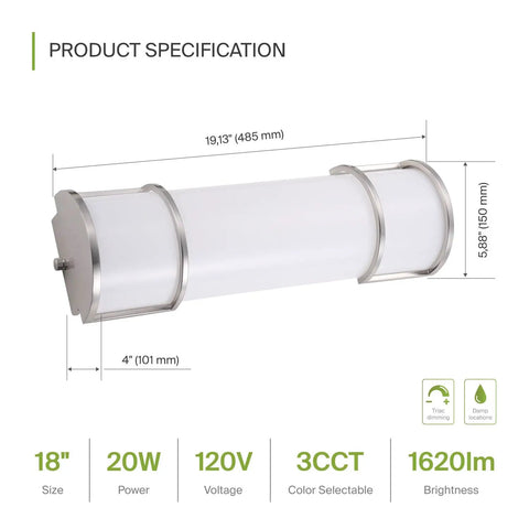 18 Inch Vanity Light Bar Flush Mount For Bathrooms, Dimmable, 3 CCT Colors 3000K To 5000K, Energy Star, ETL Listed, 20 Watt, Nickel, Diagram