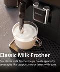 1200 Series Fully Automatic Espresso Machine With Classic Milk Frother Ceramic Grinder AquaClean Filter Aroma Seal And Intuitive Touch Display Two Coffee Varieties Black showing milk frothing in action.