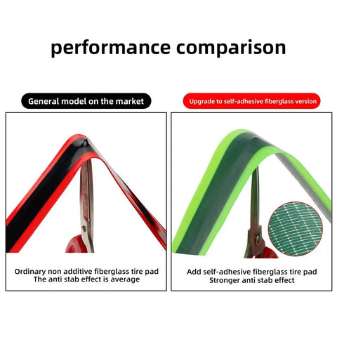 Side-by-side comparison of fiberglass tire pads, with TPU Bike Tire Liner No Flat Shield That Keeps Inner Tubes Safe From Thorns Glass And Debris.