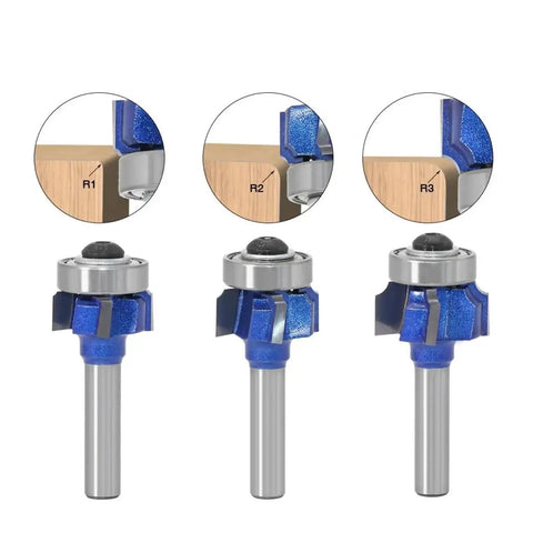 Premium 1 4 Inch Corner Round Router Bit Set With R1 R2 R3 Radius Options, showing bits for smooth wood edging.