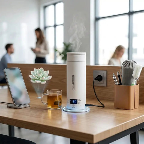 Premium No Sweat 500 Ml Portable Electric Kettle With Smart Temp Control And Crisp LCD Display heating tea on a desk