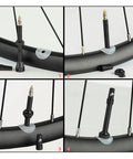 8 Pack Presta Valve Stem Kit 44mm 1.74 Inch Tubeless Valve Tools installed on bike rim in montage view