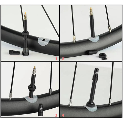 8 Pack Presta Valve Stem Kit 44mm 1.74 Inch Tubeless Valve Tools installed on bike rim in montage view