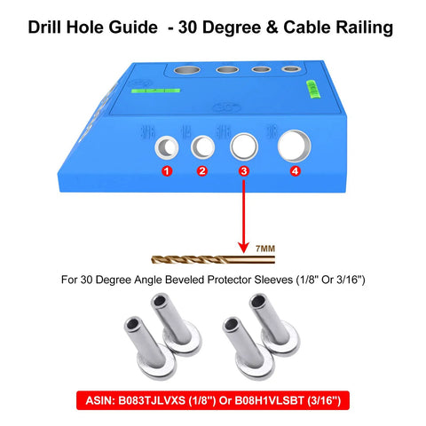 Upgraded Drill Guide Jig With 3 Angles 30 45 90 Degrees For Angled And Straight Holes Includes 4 Drill Bit Sizes Built For Cable Railing Deck And Stair Post Installation And Lag Screw Fitting Kit DIY Ready with 30-degree drill hole guide and protector sleeves.
