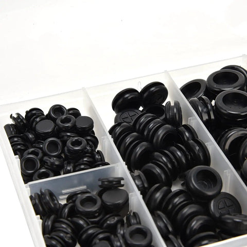 170 Piece Rubber Grommets Kit For Automotive Plumbing And PC Cables With Divided Organizer Tray Pro Grade Space Saving Low Profile Grommets That Protect Holes And Wires From Sharp Edges In Cars Boats And Electronics, black rubber grommets in organizer tray