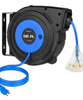Retractable Extension Cord Reel With 50 Ft Heavy Duty Power Cord 14 AWG 3 Conductor SJTOW Three Grounded Outlets Lighted Triple Tap