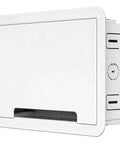 Stress Free Install Recessed Tv Media Box featuring Wifi Friendly Cable Routing compatible with Roku Apple Fire Stick and Samsung, white steel with cable access.