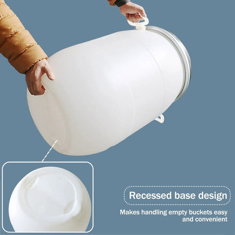 Person holding White HDPE Water Storage Barrel With Latch Ring Lid, Food Grade Plastic, showing impact resistant design