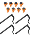 Heavy Duty Four Pack Bench Holdfast Clamps And Eight Pack Workbench Dogs For 3/4 Inch Holes Locks Dead Tight On Mft Work Tables With A Rock Solid Grip For Woodworking And Weekend Warrior Shops, featuring orange stops and black handles.
