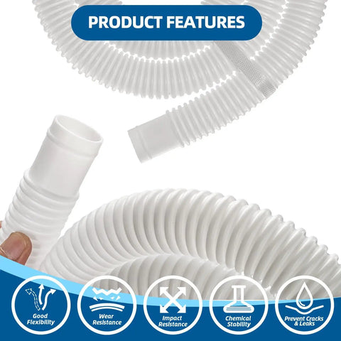 Close-up of No Brainer 1.25 Inch 59 Inch Pool Hose Kit for Above Ground Pools with white flexible polyethylene hoses.