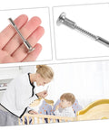 Spring Loaded Plunger Pins Crib Latch Replacement Kit featured in hand and used near crib for easy install.