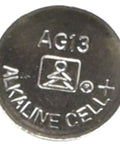 Close-up of AG13 alkaline cell from Ten Pack Alkaline Button Cell Batteries For Watches Key Fobs LED Lights And Calculators Replacing LR44 G13 A76 GP76A 357 SR44W Long Lasting Power At A Sweet Value.