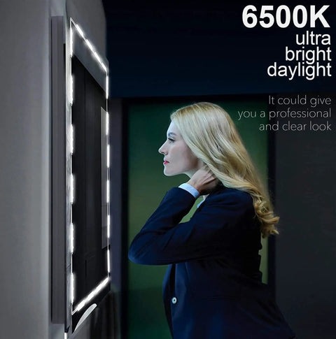 Person using Ultra Bright Vanity LED Strip Lights 10 Ft Dimmable Touch Control For Makeup Table And Bathroom Mirror With 60 LEDs 6500K