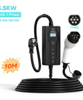 Portable EV Charger 3.5KW EVSE With 16A Adjustable Current Type 2 IEC62196-2 Plug And 10 Meter Cable with a display and plug.