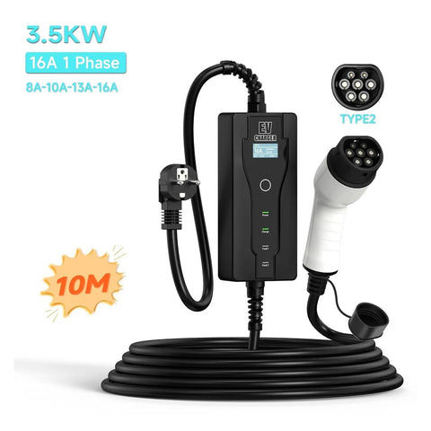 Portable EV Charger 3.5KW EVSE With 16A Adjustable Current Type 2 IEC62196-2 Plug And 10 Meter Cable with a display and plug.