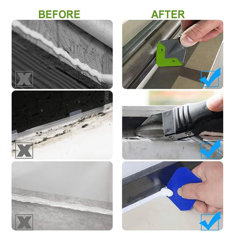 Five In One Caulk Remover Tool With Stainless Head For Silicone Sealant Removal And Grout Scraping, DIY Friendly Built In Cutter, Steel Needle, Triangular Scraper And Finishing Trowel For Bathroom Kitchen Window Sills
