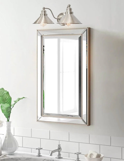 Two Light Modern Farmhouse Vanity Light With Dual Funnel Shades In Industrial Silver Brushed Nickel Finish For Bathroom Wall Sconce Ideal For Powder Room And Master Bath Ready To Install over a bathroom mirror.