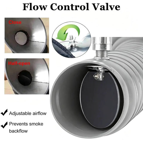 Heavy Duty Industrial Fume Extractor Arm Featuring Hella Flexible Sculptable Ventilation Hose And Knockout Adjustable Valve Flow control valve with adjustable airflow and half-open position.