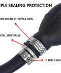 Universal 3/8 Inch Boat Fuel Line Assembly Kit with primer bulb, steel hose clamps, and triple sealing protection details.