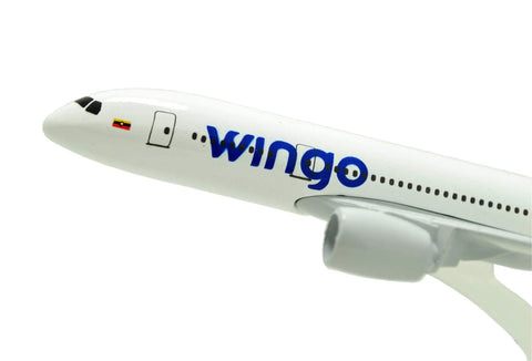 Close-up of 1:400 Die Cast B787 Wingo Airplane Model Collectible showing detailed fuselage and nose.