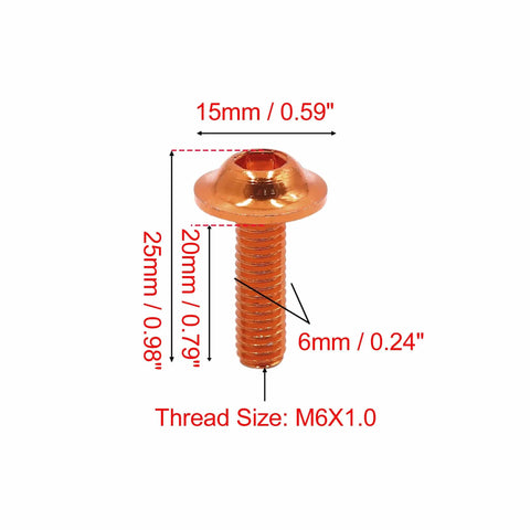 Orange Aluminum Hex Socket Head Bolts Set M6x1 Thread 20mm 40 Pcs Universal Replacement dimensions illustration