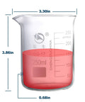 Low Form Glass Beaker Set With Droppers 3 Graduated Borosilicate Beakers In 250ml 100ml 50ml With Clear Scales 3 Glass Droppers 3ml Each Real World Lab Gear For Precise Liquid Measuring For Quick Easy Pours showing a 250ml beaker with red liquid and scale markings.