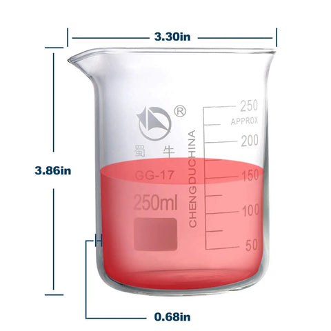 Low Form Glass Beaker Set With Droppers 3 Graduated Borosilicate Beakers In 250ml 100ml 50ml With Clear Scales 3 Glass Droppers 3ml Each Real World Lab Gear For Precise Liquid Measuring For Quick Easy Pours showing a 250ml beaker with red liquid and scale markings.