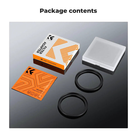 Package contents of 67 To 82mm Step Up Ring Adapter Set Aluminum Alloy Lens Filter Converter For 67mm Lenses shown on black surface