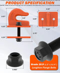 Diagram of Two Pack 3/8 Inch Tractor Bucket Grab Hooks With Backer Plate, including dimensions and Grade 10.9 flange bolts.