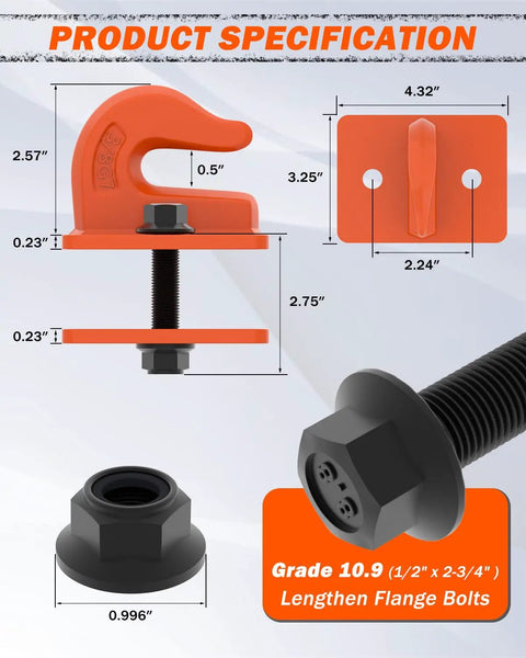 Diagram of Two Pack 3/8 Inch Tractor Bucket Grab Hooks With Backer Plate, including dimensions and Grade 10.9 flange bolts.