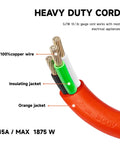Cross-section of 25 Foot Lighted Outdoor Extension Cord With Beefy 10/3 SJTW Heavy Duty Orange Cable showing copper wires and insulation layers.