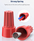 50 Pcs Colorful Wire Nuts And Wire Caps Assortment Kit For 10-22 AWG showing a red twist nut with spring for secure wiring.
