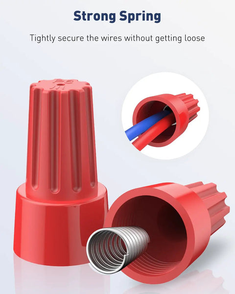 50 Pcs Colorful Wire Nuts And Wire Caps Assortment Kit For 10-22 AWG showing a red twist nut with spring for secure wiring.