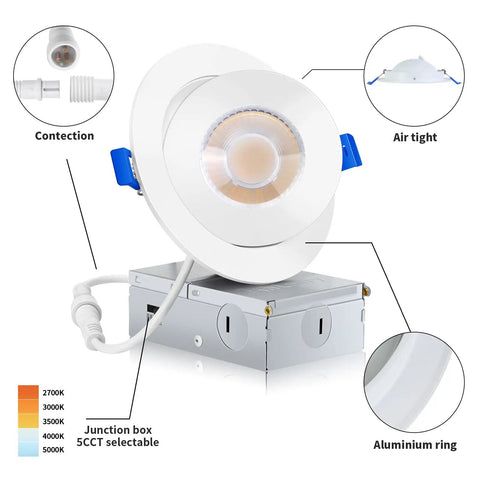 KnLnny Ware Recessed Lighting, Ajustable Eyeball recessed Light with Junction Box showing adjustable design, junction box, and aluminum ring.